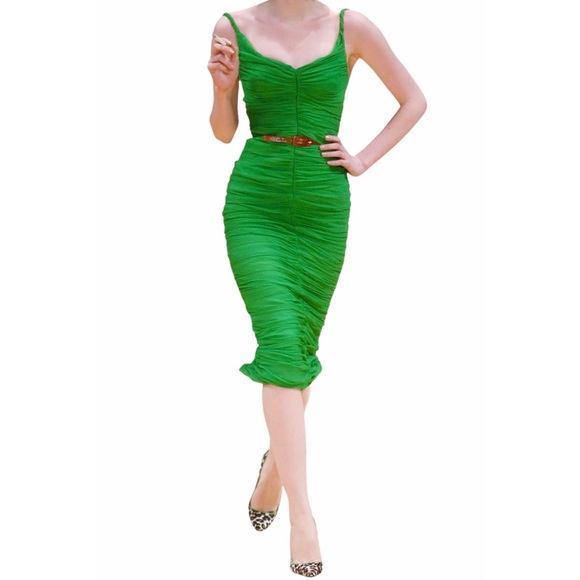 ALEXANDER MCQUEEN VINTAGE GREEN SILK RUCHED DRESS SIZE 40 - Picture 3 of 11